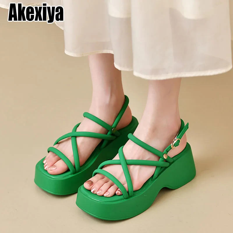 

2023 Women Summer Wedges Sandals Solid Color Narrow Platform Casual Ladies Shoes Square Toe Gladiator Sandalias