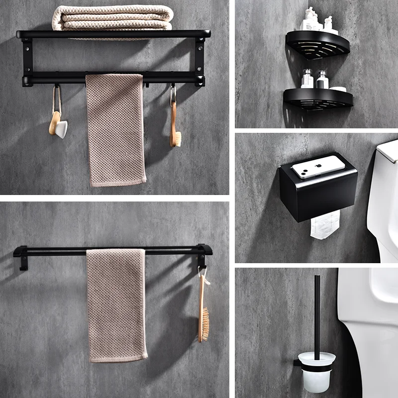 

Компактная алюминиевая вешалка для полотенец, черная, серебристая, серая Складная полка, вешалка для душа с крючком, держатель для туалетных щеток, аксессуары для ванной комнаты