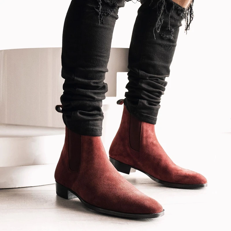 New In Wine Red Men Chelsea Boots Flock Round Toe Business Boots for Men with Free Shipping Men Boots Bottes Pour Hommes images - 6