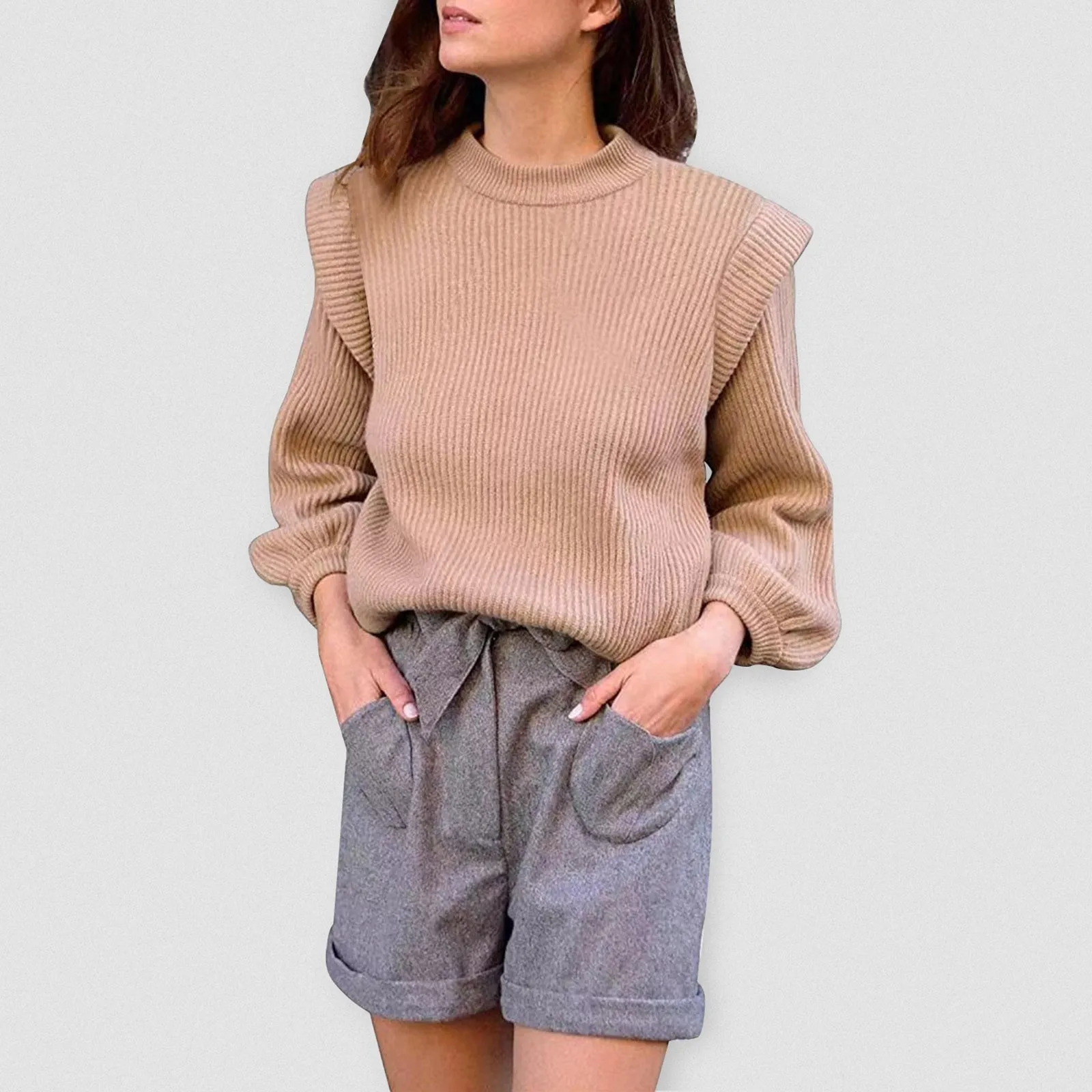 

Женский свитер, вязаные мягкие Пуловеры, однотонный вязаный свитер с круглым вырезом и рукавами-пузырями, осенне-зимние Джемперы, базовый мягкий свитер