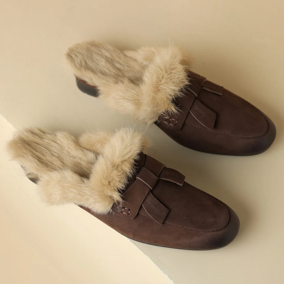 Большой размер 41 женские слипоны на плоской подошве из овчины с кроличьим мехом