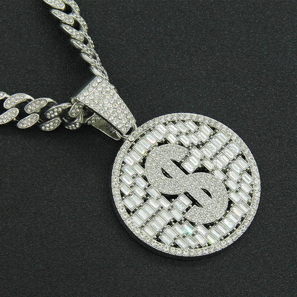

Men Women Hip Hop Dollar Pendant Necklace with 13mm Crystal Cuban Chain HipHop Iced Out Bling Necklaces Fashion Jewelry