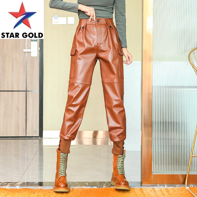 

Leather Women Genuine Cargo Streetwear Elastic High Waist Harem Pants Fashion Sheepskin Casual Ankle Length Trouser