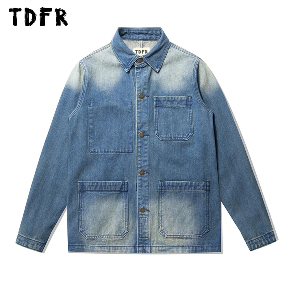 Pocket Washed Denim Jacket Mens Autumn Winter Retro Casual Loose Single Breasted Long Sleeve Outerwear Men