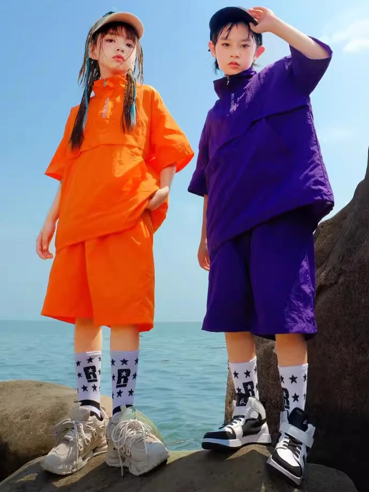 

Street Dance Clothes For Boys Girls Loose Orange Purple Suit Short Sleeves Casual Wear Kids Hip Hop Performance Costume BL11136