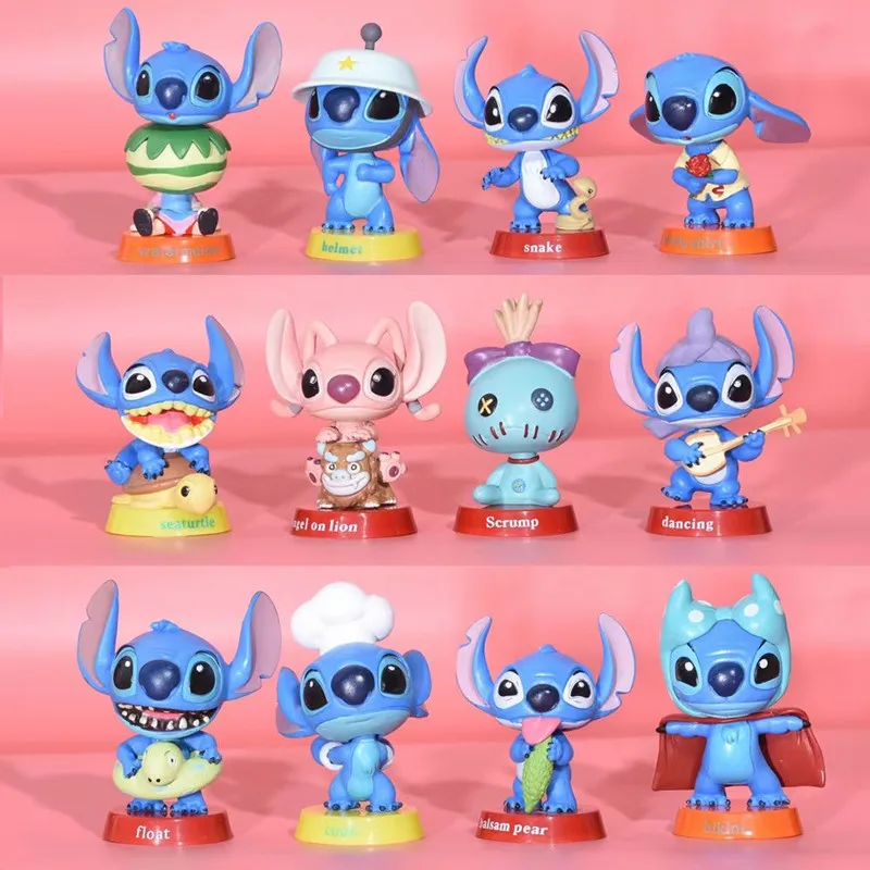 

12pcs Disney Lilo&Stitch Boxed Cute Doll To Handle Doll Decoration Toys Stitzer Sports Cross Dressing Small Gold Car Accessories