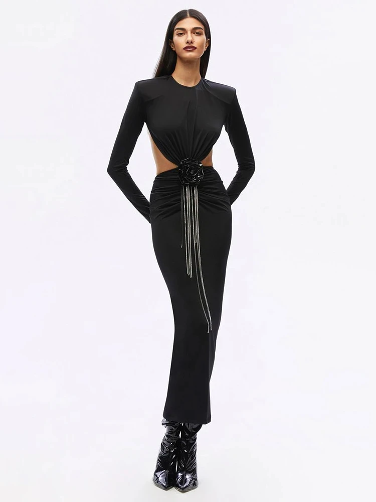 

BEVENCCEL Sexy New Women's Open Back Tight Long Sleeve Flower Tassel Diamond Chain Bodycon Long Elegant Party Evening Dress 2023