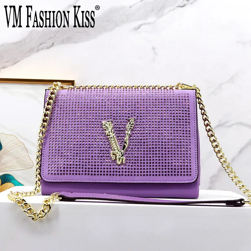 VM FASHION KISS Diamonds Flap Chain Crossbody Bags For Women Luxury Women's Bag Letter Decorate Superfine Fiber Cute Handbag