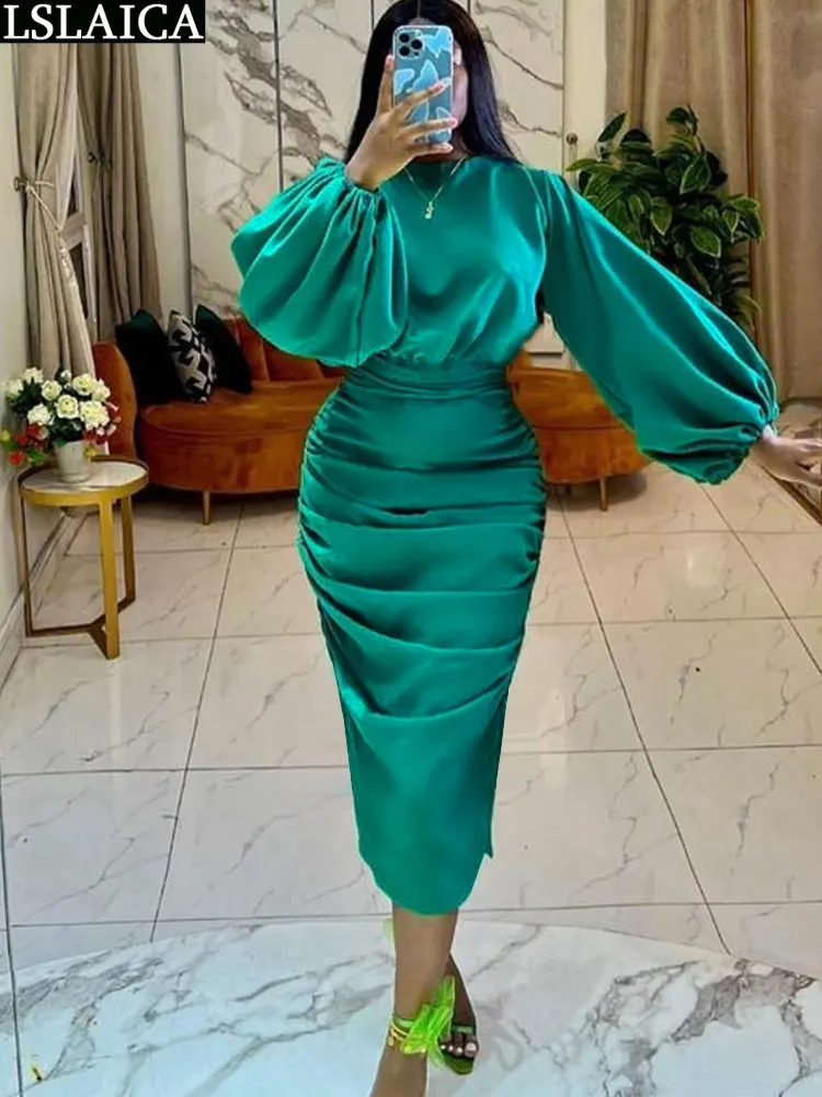 

Lantern Sleeve Women's Evening Dresses 2023 Fashion Maxi Solid Color Bodycon Dress Draped Elegant Party Autumn Winter Luxury New