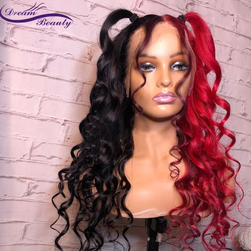 Red And Black Colored Wigs Hd Transparent Lace Frontal Wig Brazilian Wavy Human Hair Wigs Pre Plucked 13x4 Lace Front Wigs