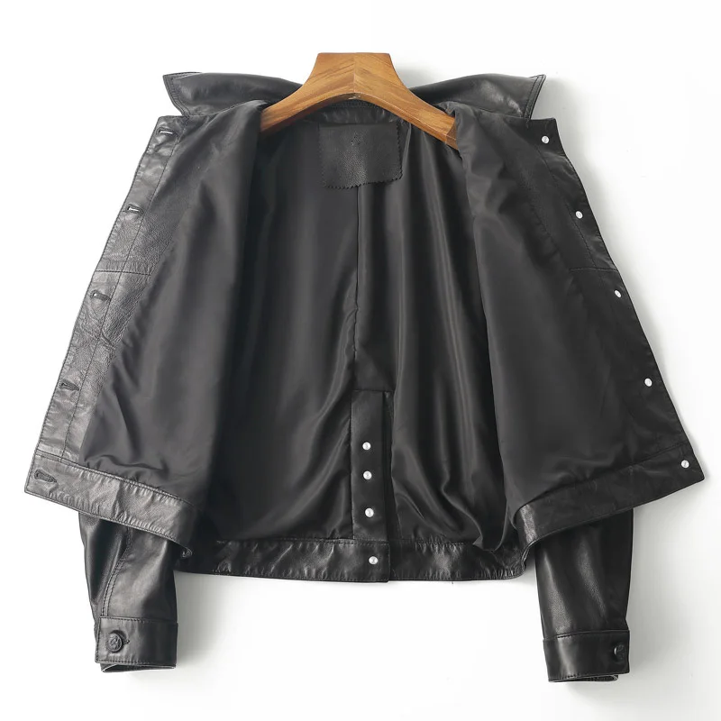 Women Genuine Leather Jackets Solid Simple Single-Breasted Crop Biker Motorcycle Leather Coats Shirt Short 2022 Autumn CL4025