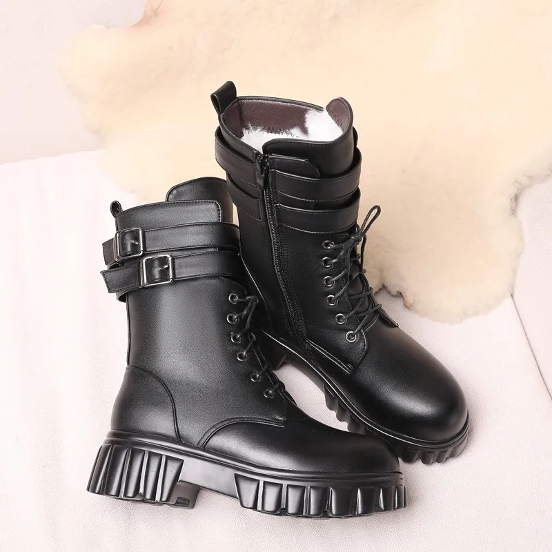 AIYUQI Women Winter Boots 2023 New Platform Genuine Leather Women Middle Boots Wool Warm Biker Boots Women