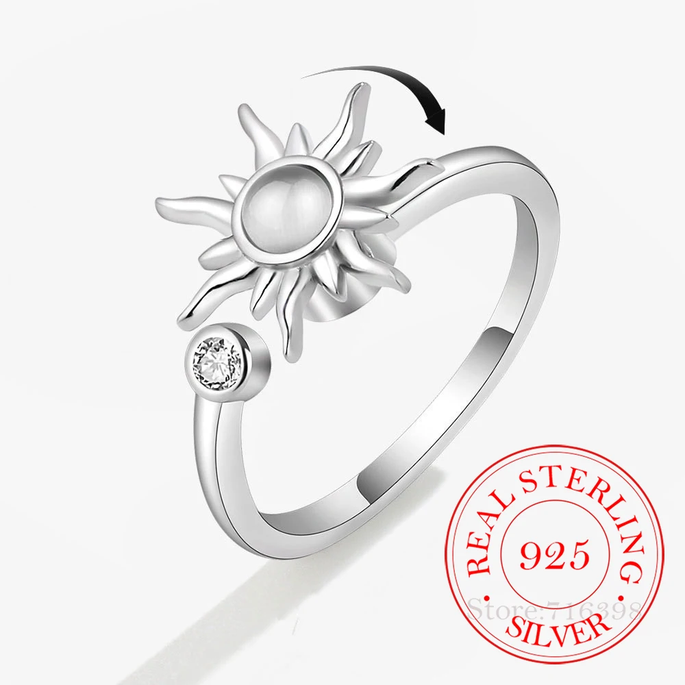 

925 Sterling Silver Zircon Sunflower Spinner Rings for Women Adjustable Anti Stress Rings Fashion Party Gift 2022 New Hot Sale