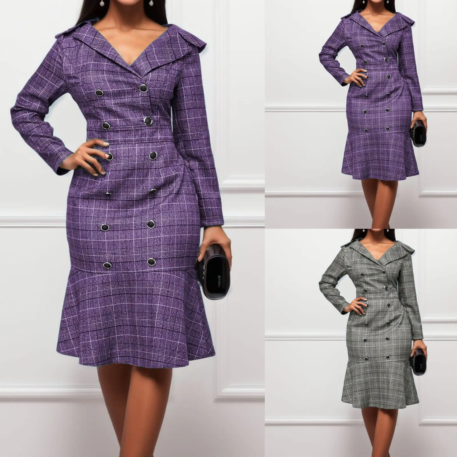 

Winter Dresses with Belt Ladies Plaid Print Fishtail Double Breasted Button Lapel Dress Backless Casual Dress
