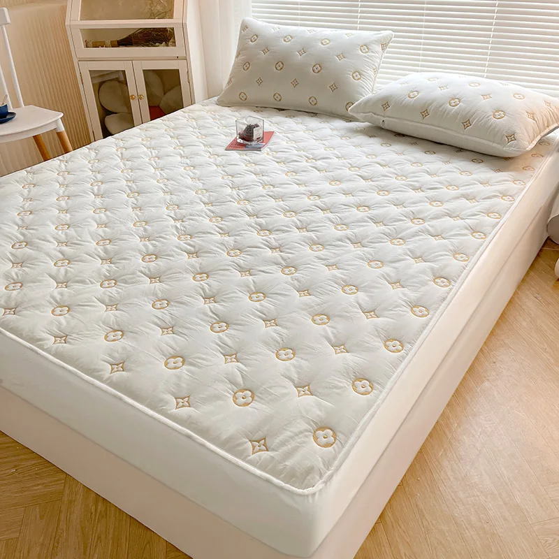 

Cotton Fitted Sheet Solid Color Quilted Embroidery Mattress Cover Single Double Queen Size Fit Sheet With Elastic Band Bedsheet