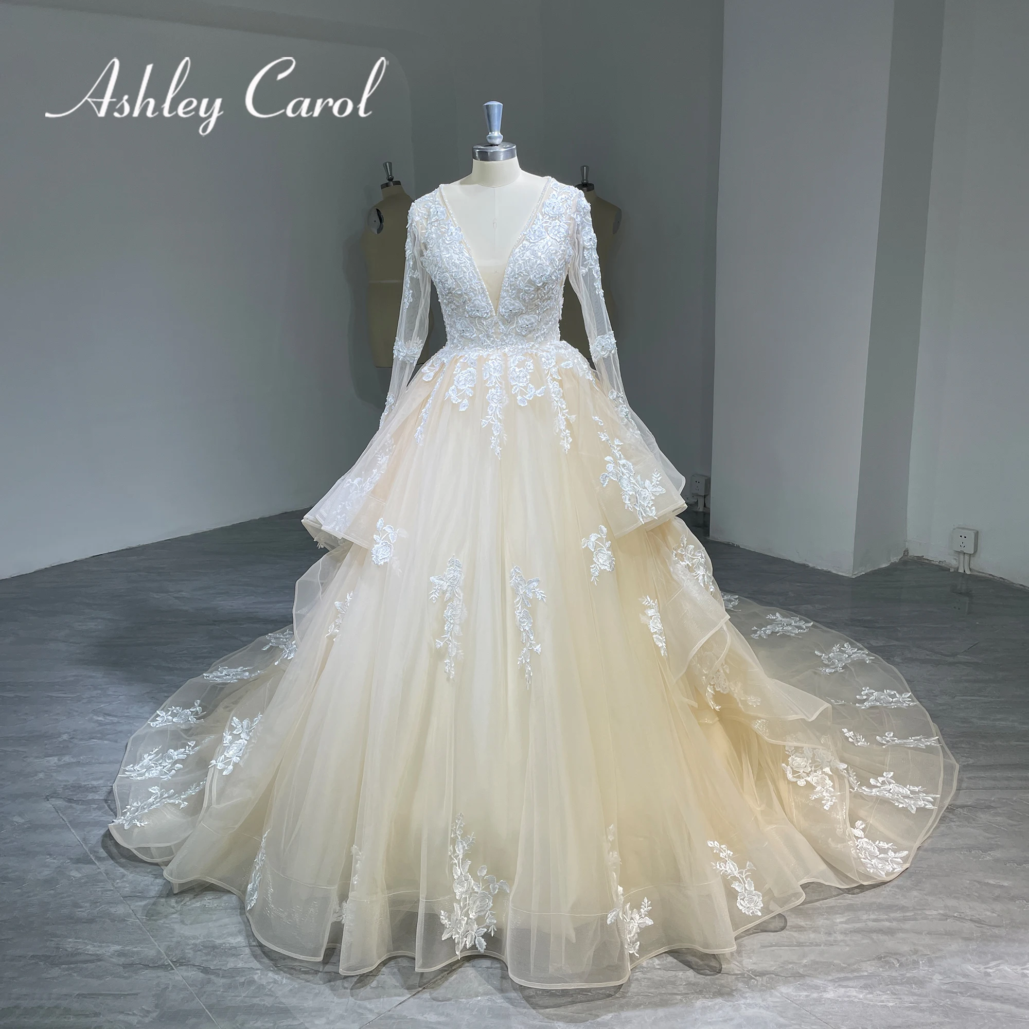 

Женское свадебное платье-трапеция с v-образным вырезом Ashley Carol, модель 2023 года, реальные фотографии, свадебное платье с длинным рукавом и аппликацией из бисера, Vestidos De Novia