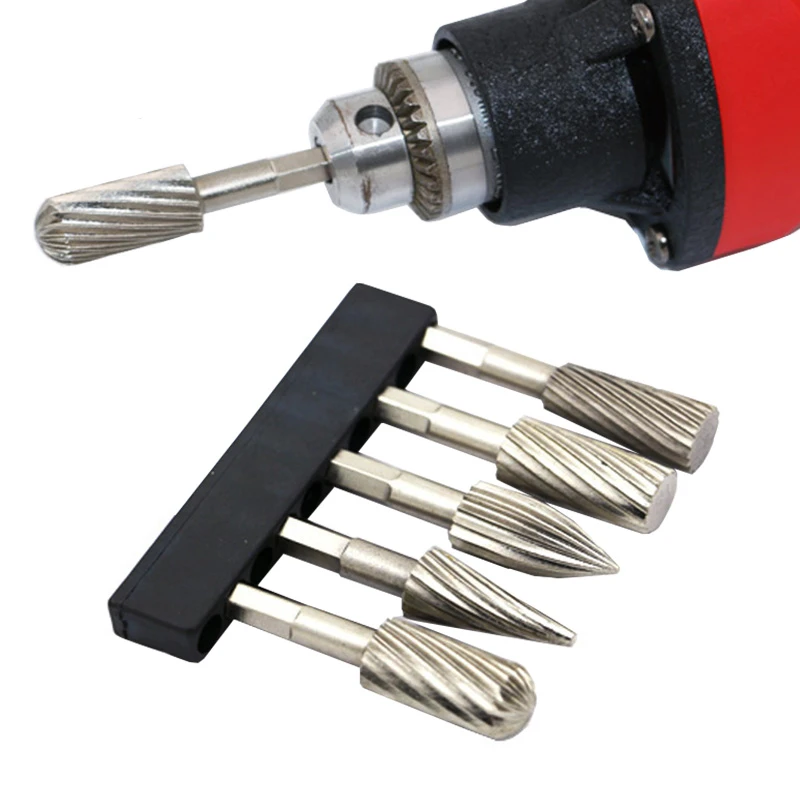 

Electric Grinder HSS Rotary Files Burr 5pcs 1/4" Rotary Burr Set For Soft Metal Plastic Wood Grinding Carving Rotary Rasp