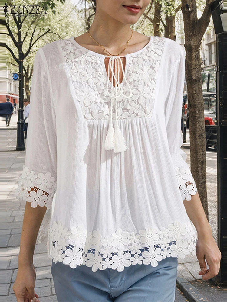 ZANZEA Блузки с кружевной отделкой и рукавами 3/4 однотонные женские блузки