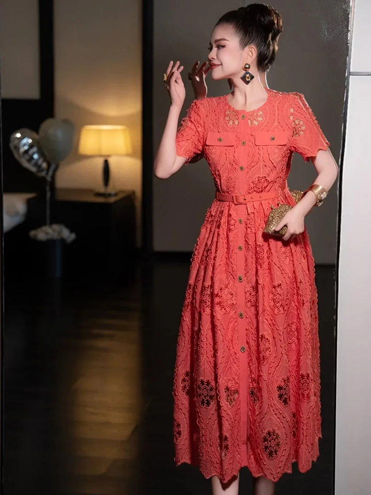 Seasixiang однобортное платье с вышивкой для женщин винтажные платья круглым вырезом