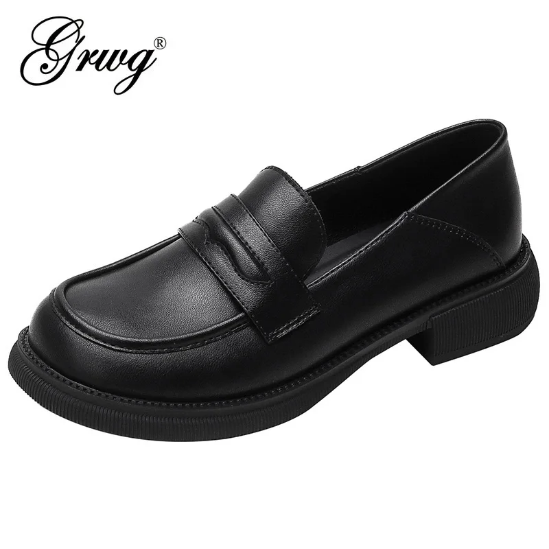 

GRWG Woman Genuine Leather Loafers Casual Student Shoes Slip On Round Toe Platform Footwear Female Plus Size Pumps Shoes