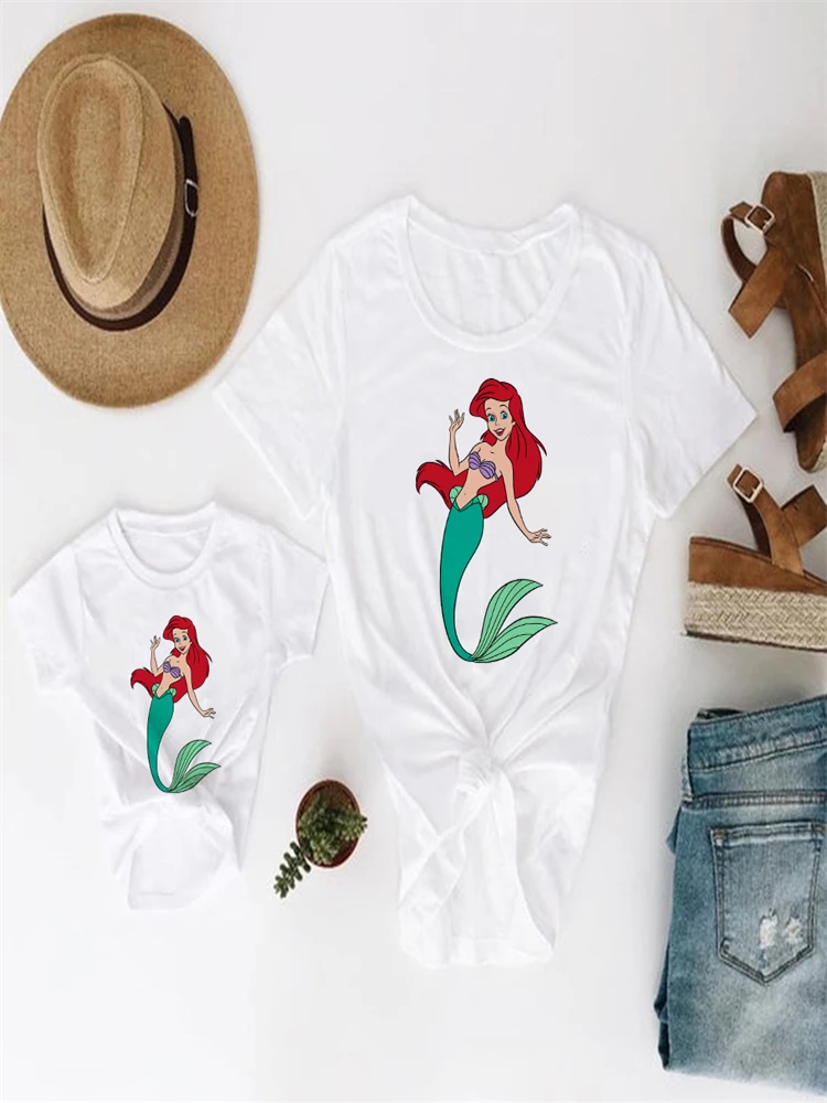 

Disney Happy Ariel Graphic Print Family Look Outfits Dropship Tops White The Little Mermaid High Quality Parent Child T Shirts
