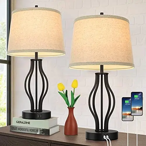 

Touch Control Table Lamps with 2 USB Ports for Living Room Set of 2, 3-Way Dimmable Bedside Lamps with White Shades & Clear