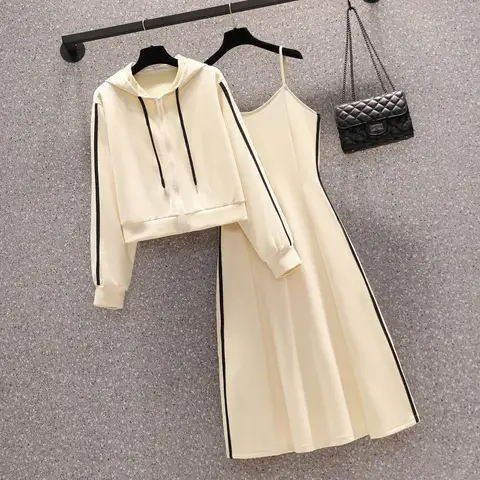 Женский хлопковый костюм y2k, толстовка с длинным рукавом, куртка, Топ и платье, комплект из двух предметов, спортивный костюм, сарафан в полоску, повседневная одежда