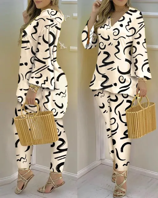 Women's Fashion Sexy V-neck Printing Thin Long-Sleeved Trousers Casual Women's Suit Two-Piece Set 5