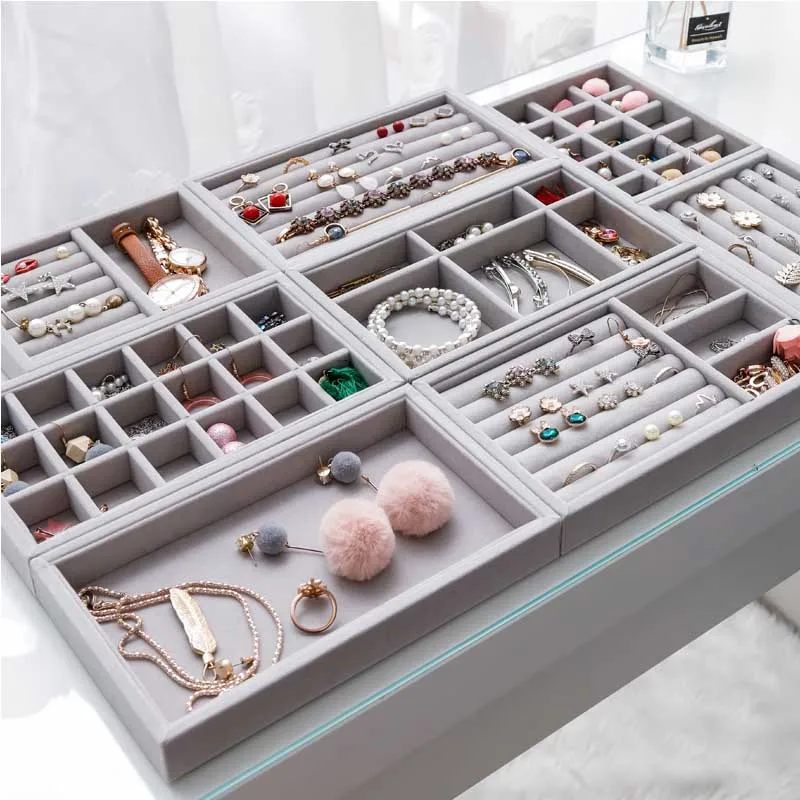 Handmade DIY Jewelry Box Drawer Storage Organizer Gray Soft Velvet Jewellery Earring Necklace Pendant Bracelet Tray