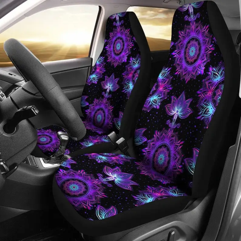 

Purple Pink Lotus Mandalas Black Car Seat Covers Pair, 2 Front Seat Covers, Car Seat Protector, Car Accessories
