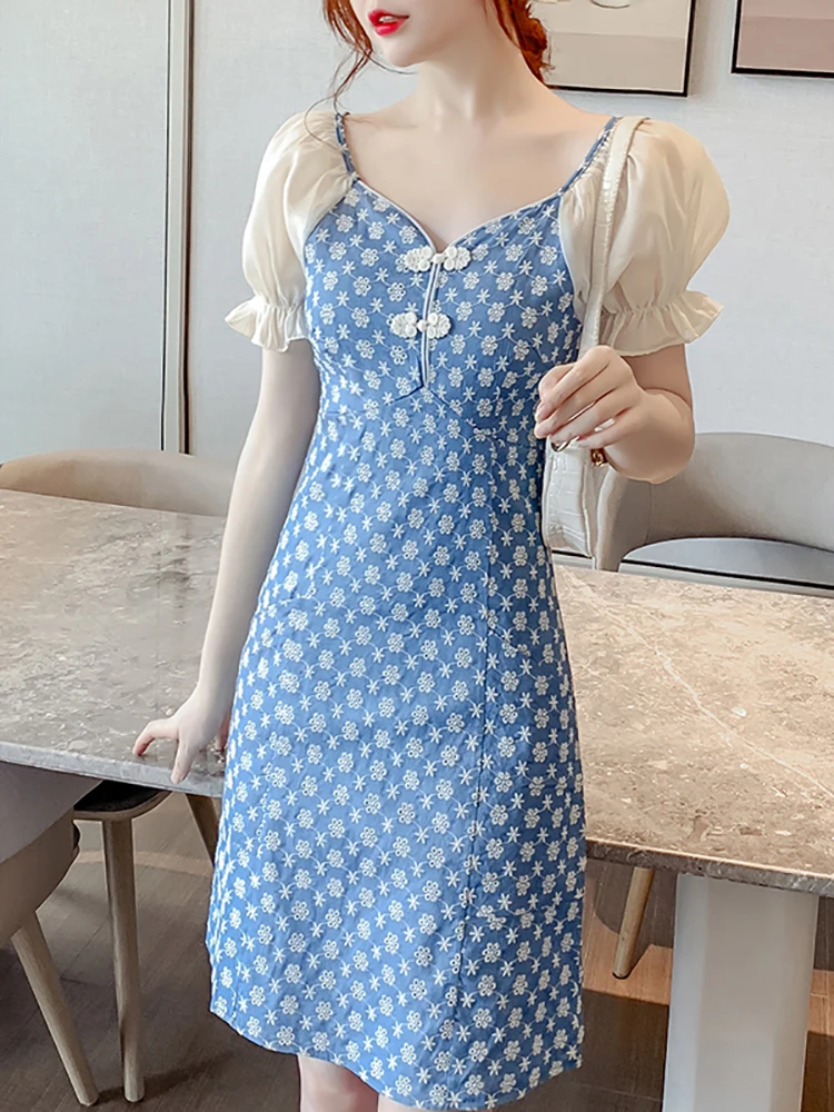 

2022 синие платья с цветочной вышивкой Denin, женское модное шикарное сексуальное мини-платье с пышными рукавами для выпускного вечера, летнее э...