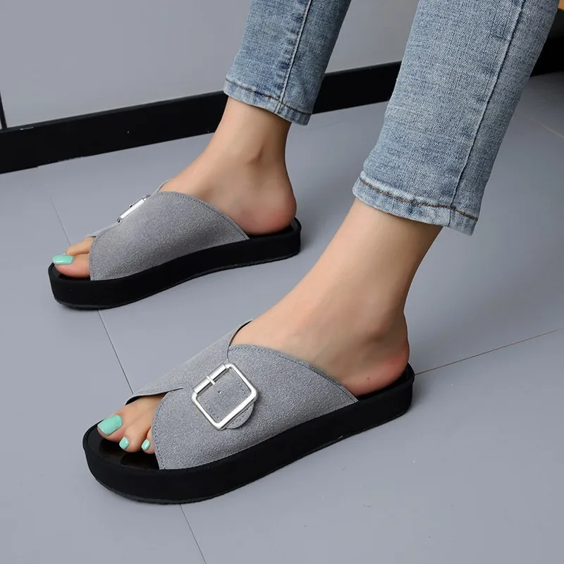 

New Softwood Slippers Summer Women's Beach Shoes Flat Platform Suede Slides Casual Outer Wear Shoes Open Toe Black Pantuflas