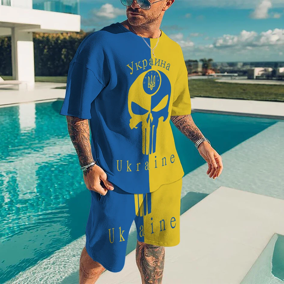 Summer Suit Men's Ukraine Flag 2022 3D Printing Fashion Retro Personality Loose T-Shirt + Shorts Hip Hop Casual Jogging Tees