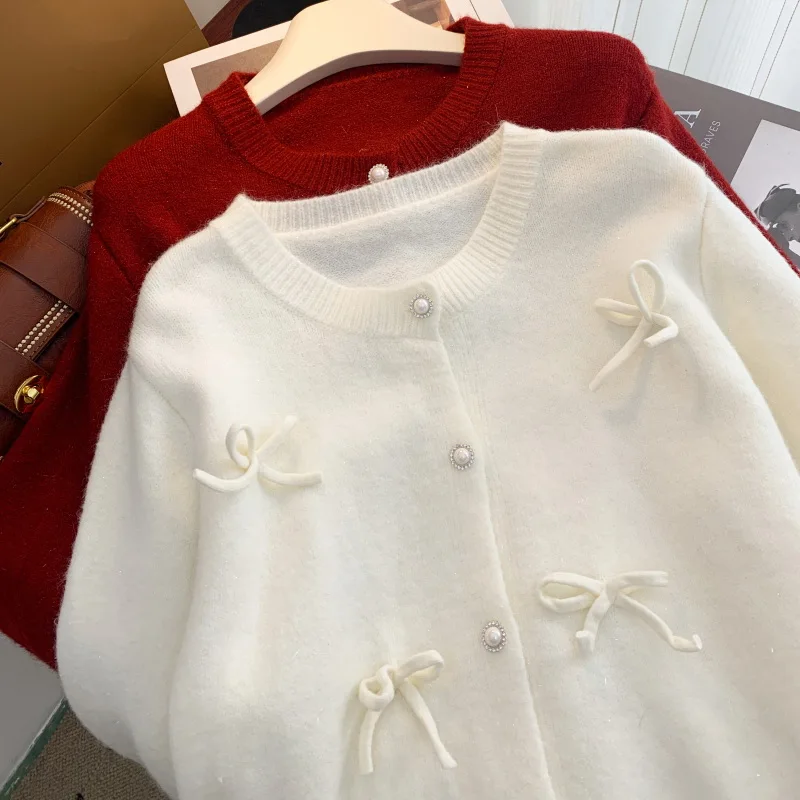 Красный вязаный кардиган женский белый свитер с бисером шикарная корейская