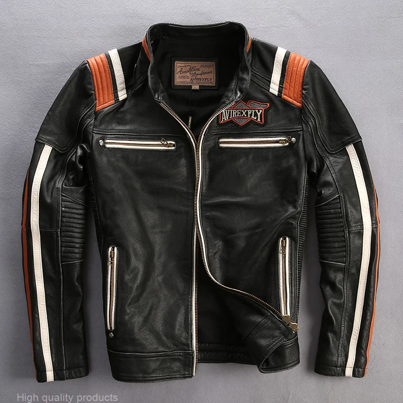 

Мужская винтажная мотоциклетная куртка, черная куртка из натуральной кожи с вышивкой черепа, Брендовое пальто высшего качества, доставка 5 дней