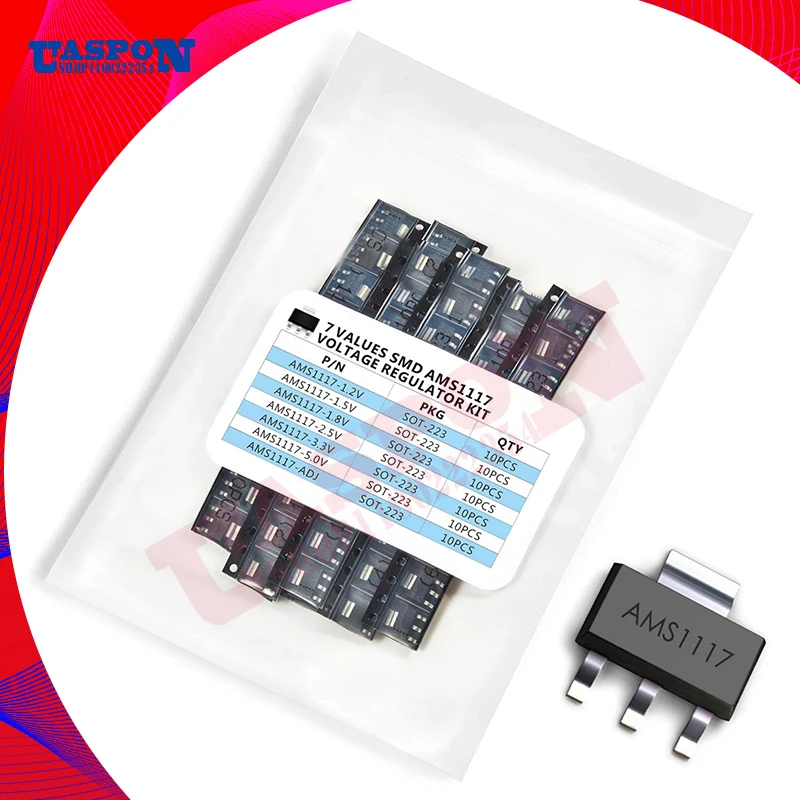 

70pcs AMS1117 Voltage Regulator Kit 1.2V/1.5V/1.8V/2.5V/3.3V/5.0V/ADJ 1117 7 values Each 10PCS