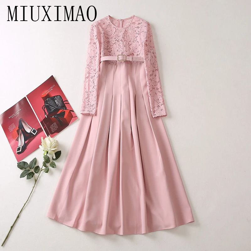 MIUXIMAO 2023 High Quality Spring&Summer Elegant Dress Long Sleeve O-Neck Lace Belt Embroidery Fashion Long Dress Women Vestide
