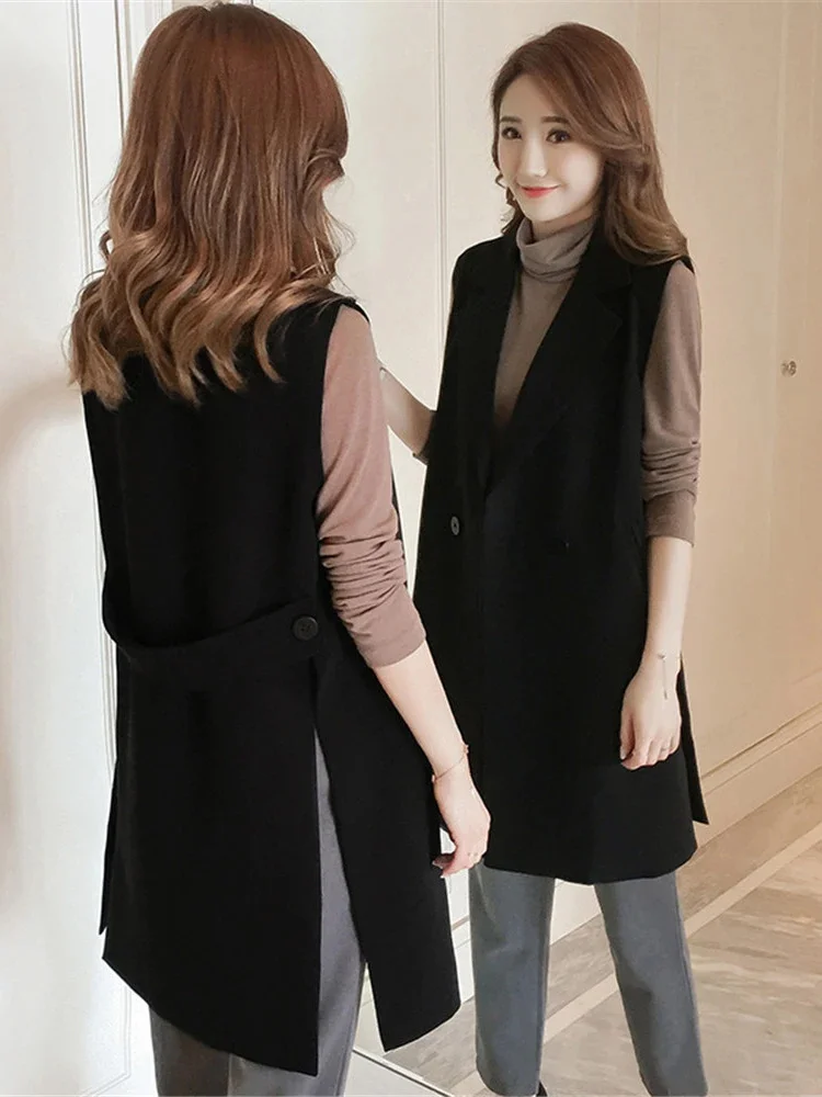 

New Korean Fashion Split Long Women's Vest Spring Elegant Black Sleeveless Jacket Female Solid Cardigan Waistcoat Vests Colete