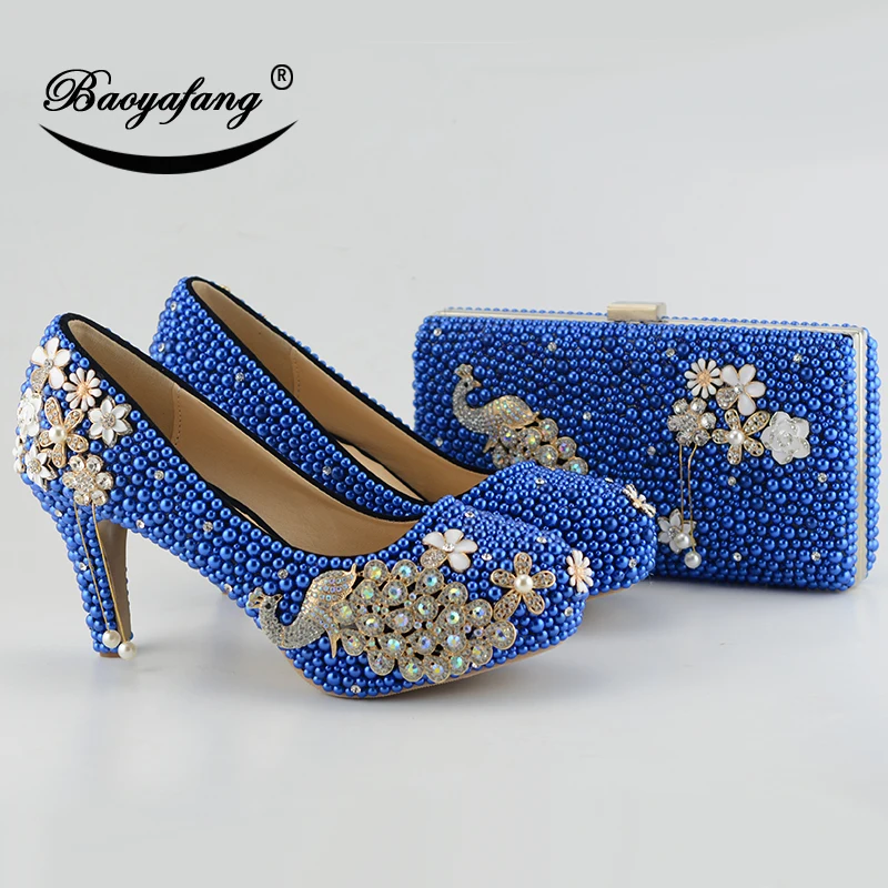 

New arrival Peacock Royal Blue pearl diamonds shoes Woman's Party/Wedding Pumps High shoes Fashion rhinestone Bride shoes women