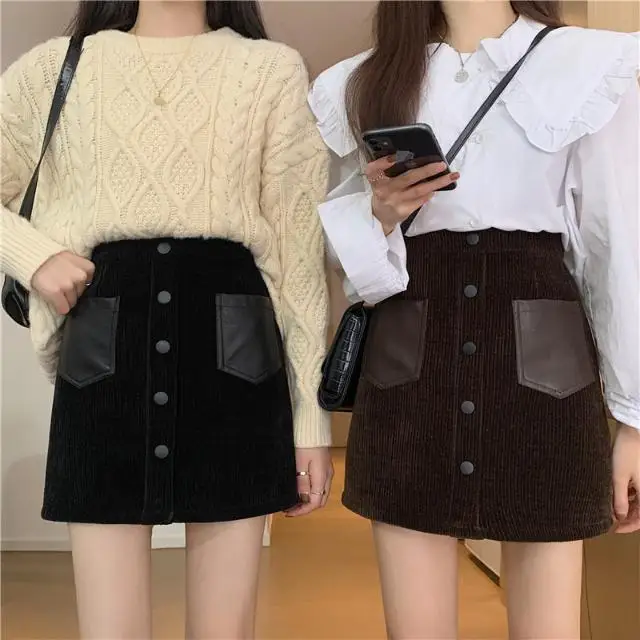 

New Casual Women Winter Mini A-Line Skirts with Leather Pockets Female Sashes High Waist Skirts Empire Above Knee Skirt T515