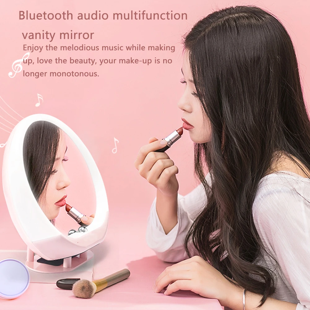 Makeup Mirror Rechargeable Wireless Adjustable Angle Home Table Lamp LED Light Speaker FM Radio Remote Control Audio | Красота и