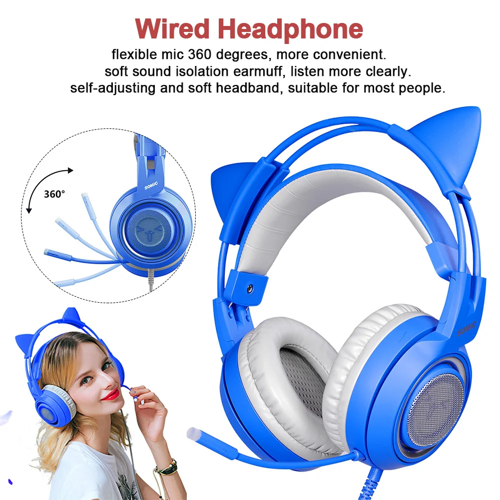 

With Mic PC Noise Reduction Over-ear Wired Stereo Clear Gift Accessories Detachable Cat Ear Gaming Headset Self-adjusting Cute