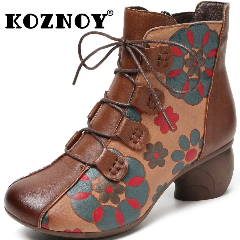 Koznoy 5m Retro Ethnic Print Cow Genuine Leather Plush Winter 2025 Chunky Heel Autunm Zipper Fashion Boots Woman Lace Up Shoes