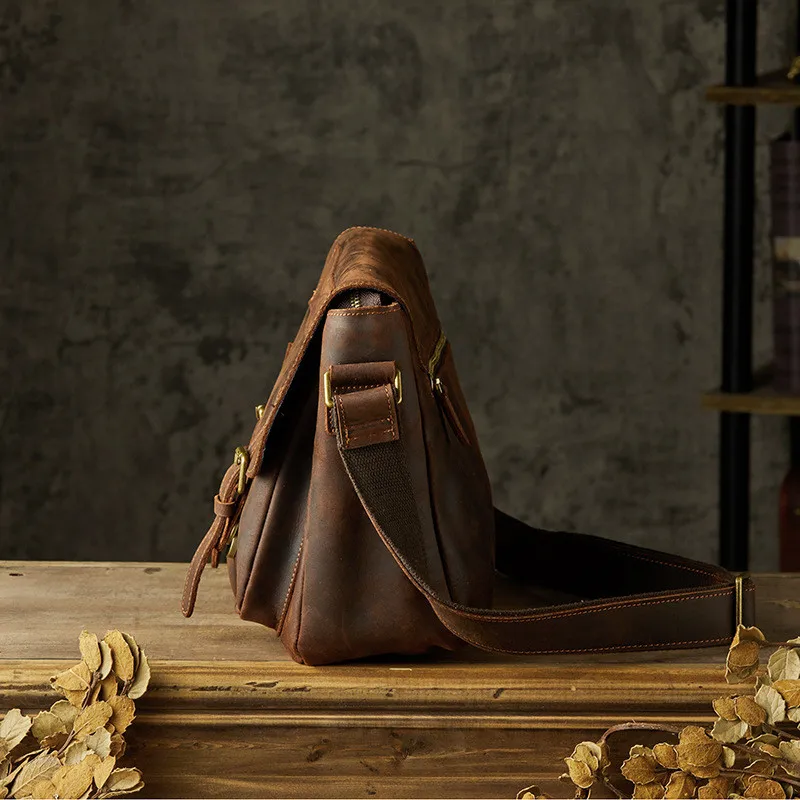 Retro fashion natural real leather men coffee messenger bag everyday outdoor crazy horse cowhide single shoulder messenger bag