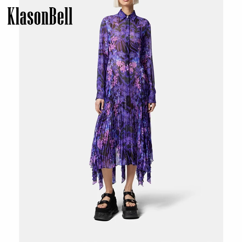 5.26 KlasonBell Elegant Temperament Print Floral Irregular Pleated Dress Women