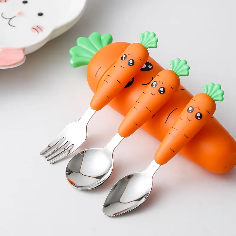 

Children Spoon Set Flatware 3PCS Kids With Box Dinnerware Carrots Kitchen Baby Steel Feeding Tableware Fork Stainless Supplies