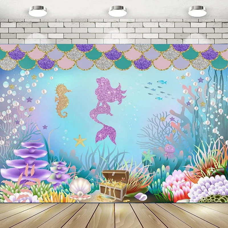 

Красивый подводный мир с маленькой русалочкой водная трава на день рождения фон для фотосъемки декорация баннера