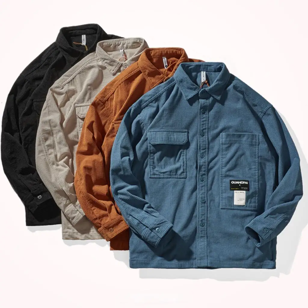 

Japanese retro trendy work shirt men's new waffle heavy thick substantive shirt loose casual coat
