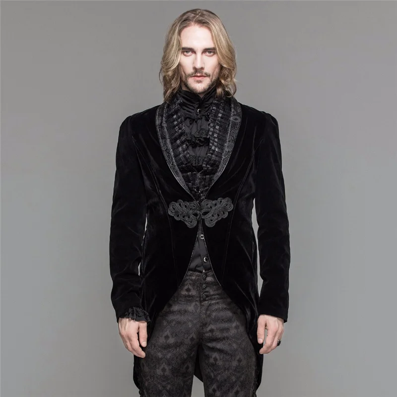 

Devil Fashion Gothic Noble Men Dress Jacket Steampunk Black Red Single Button Dovetail Coat Evening Party Swallowtail Coats