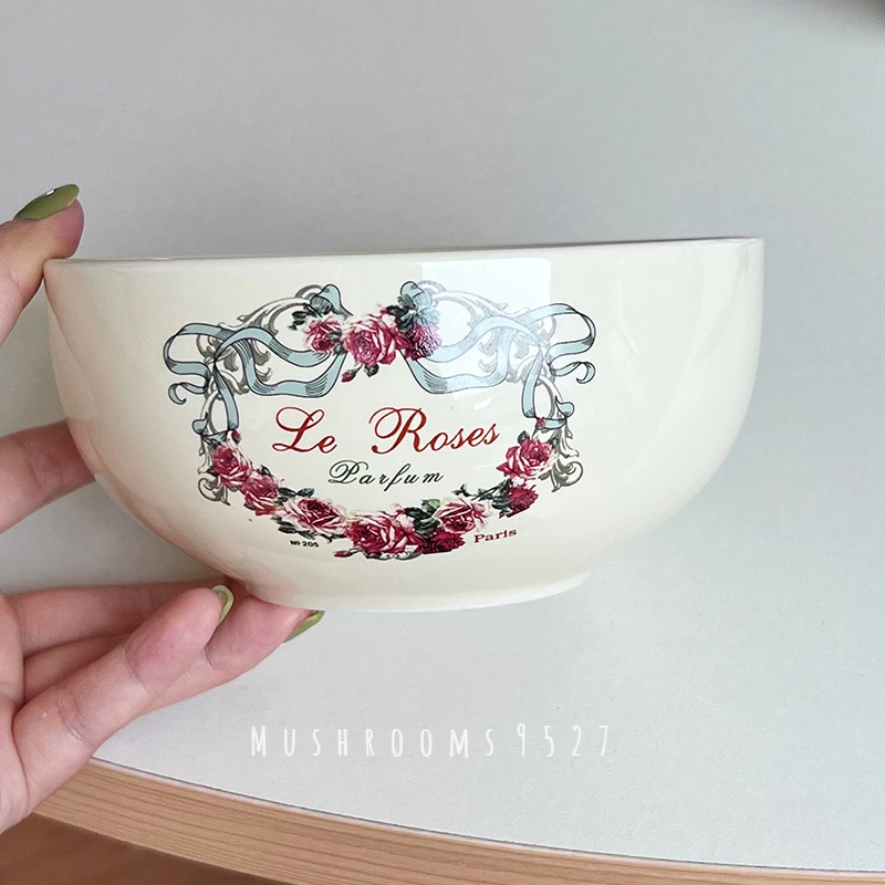 

Mushrooms 9527 Korean Retro Style Round Beige Rose Wreath Ceramic Bowl Oatmeal Bowl Salad Bowl Home Fruit Bowl